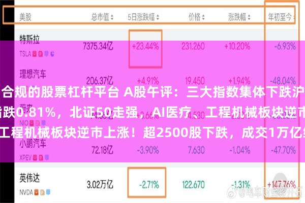合规的股票杠杆平台 A股午评：三大指数集体下跌沪指跌0.59%创业板指跌0.81%，北证50走强，AI医疗、工程机械板块逆市上涨！超2500股下跌，成交1万亿缩量1328亿